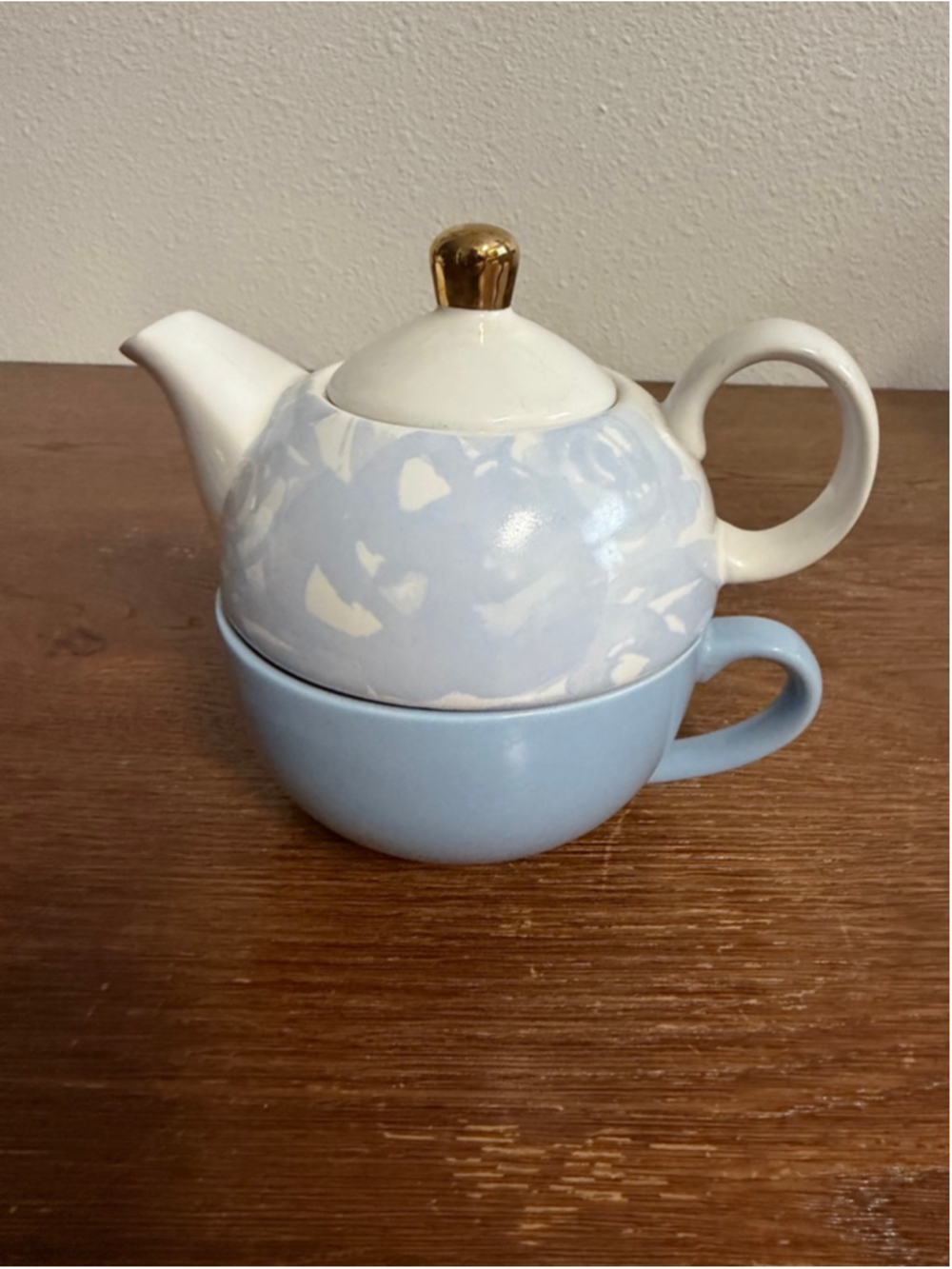 Tea For One Teapot Cup Set Blue White Ceramic Stackable Teapot Mug Gold Lid